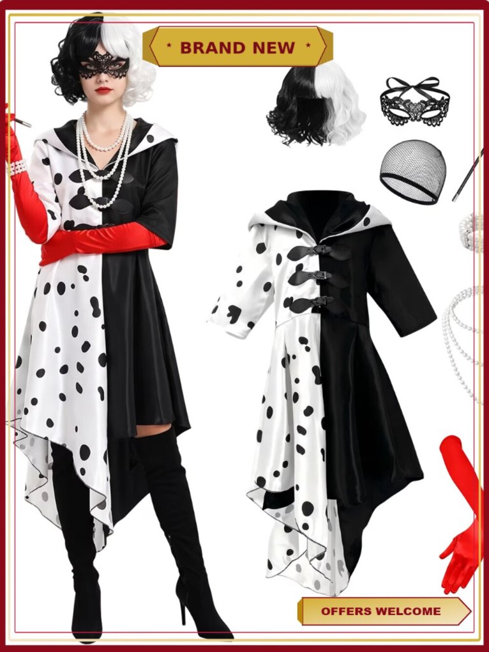 Cruella Style Full Set Halloween Costume with Dress, Wig, Gloves & Accessories